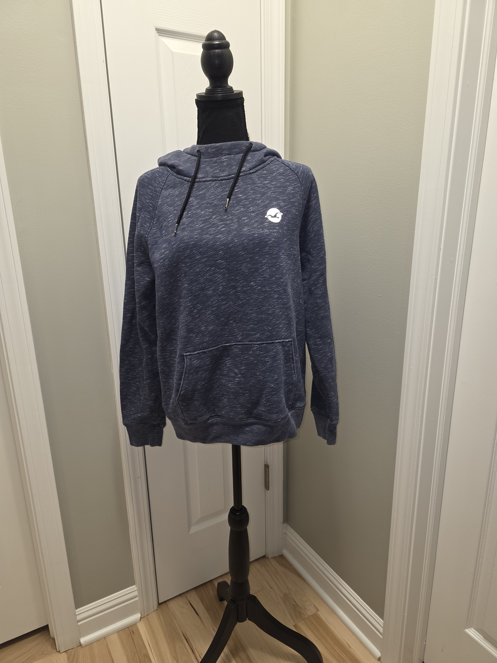 Hollister Navy Blue Hoodie with Cream Label and Burgundy Logo